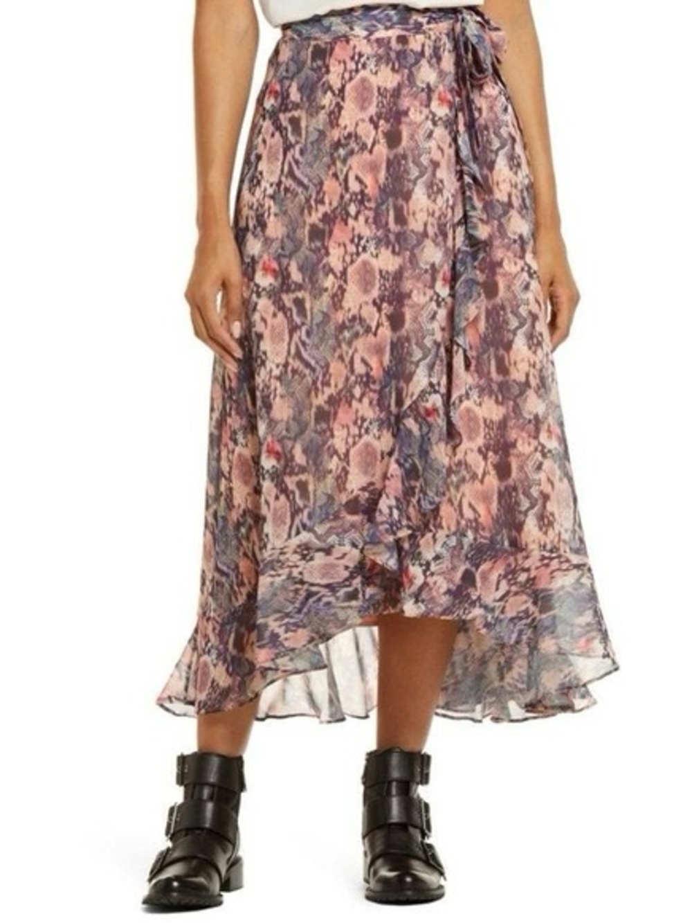 All Saints Cosmo Masala blush pink printed wrap midi skirt